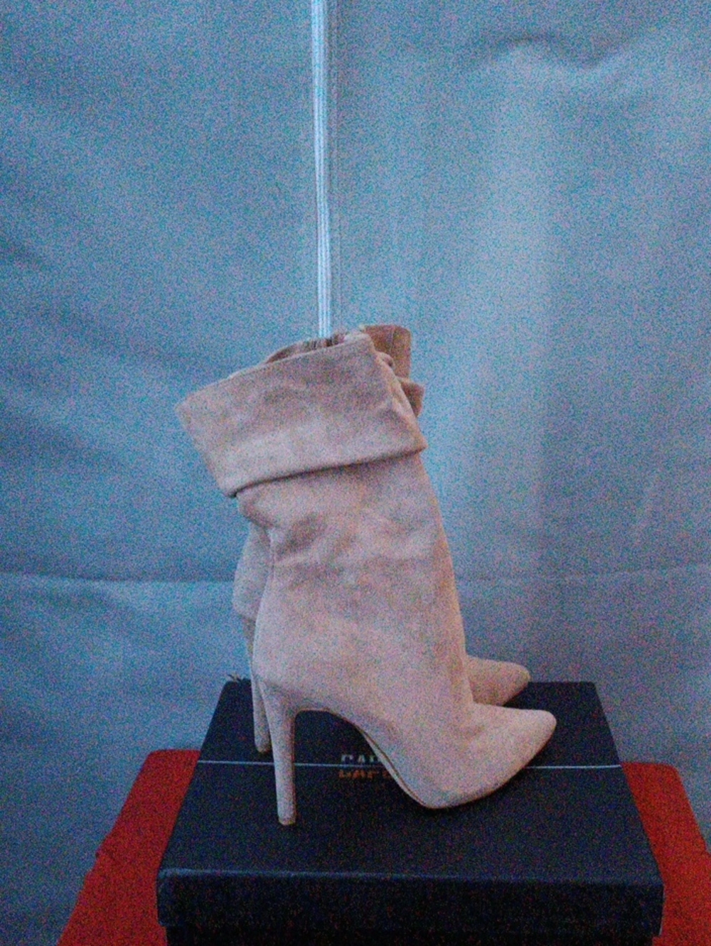 Suede Ruched Ankle Stiletto Booties in Beige